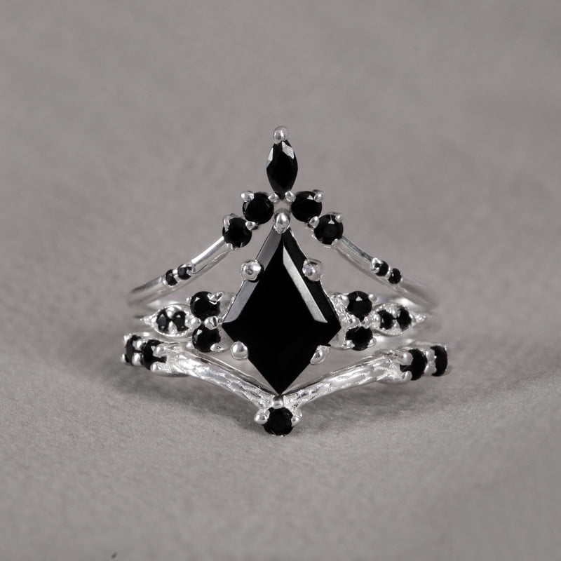 925 Sterling Silver Ring, Kite Black Onyx Three Ring Set, Wedding Ring