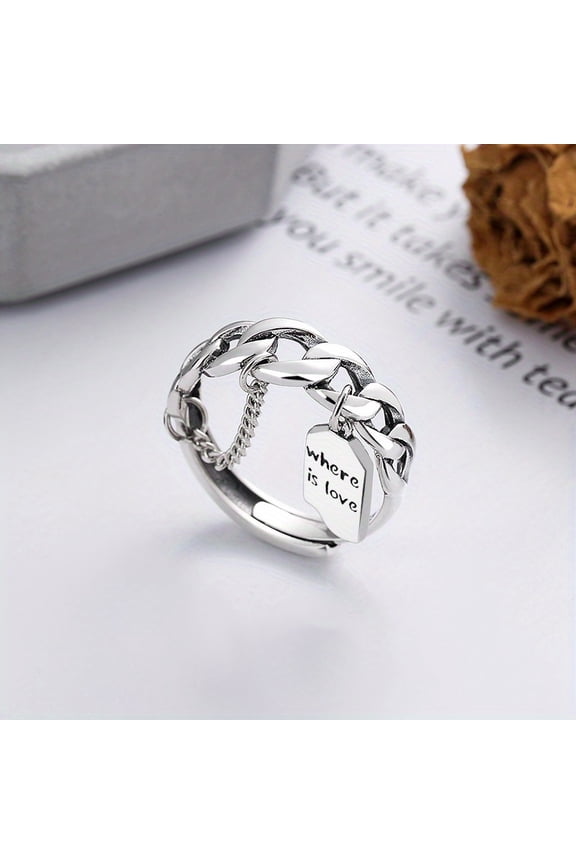 925 Sterling Silver Ring for Men, Korean Style Chain Band Open Cuff Ring with English "where is love" Plaque, Fashionable & Elegant Personalized Hip Hop Design, Lightweight Approx 4.4g, Stylish