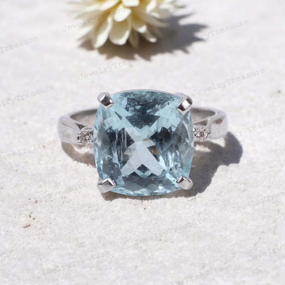 925 Sterling Silver Ring Natural Aquamarine Wedding Ring March Birthstone Statement Jewelry Cushion Cut Gemstone Ring Gift for Mom