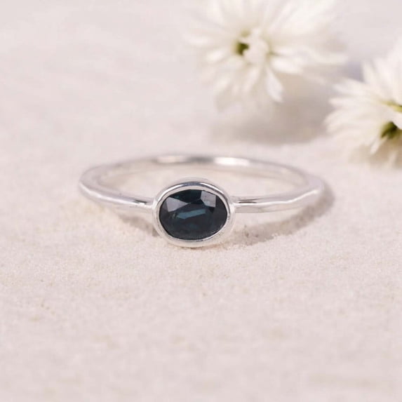 925 Sterling Silver Ring Teal Sapphire Engagement Ring Bezel Set Solitaire Jewelry Birthday Promise Ring Gift for Her