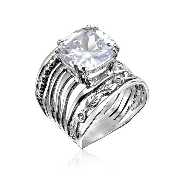 925 Sterling Silver Ring With a White Cushion Cubic Zirconia Prong Hypoallergenic, Nickel and Lead-free, Facet Cut, Artisan Handcrafted Designer Collection, Made in Israel