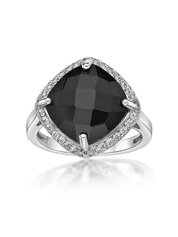 925 Sterling Silver Ring With Checkered Black Onyx and Created White Sapphire
