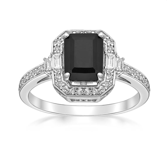 925 Sterling Silver Ring With Emerald Cut Black Onyx & White Topaz Fine Jewelry