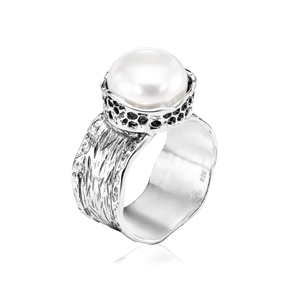 925 Sterling Silver Ring With Fresh Water Pearl, Bold Textured, Bezel Set, Vintage Look Stylish Hypoallergenic, Nickel and Lead-free, Artisan Handcrafted Designer Collection Made in Israel (Size 5-11)