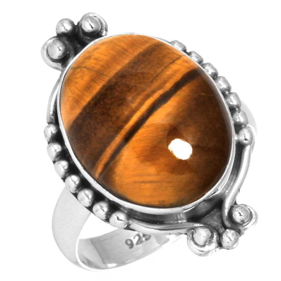 925 Sterling Silver Ring For Women - Men Brown Real Tiger Eye Gemstone Silver Ring Size 12.5 June Birthstone Boho Silver Ring Size 12.5 Halloween Gift For Wife 925 Silver Gemstone Jewelry