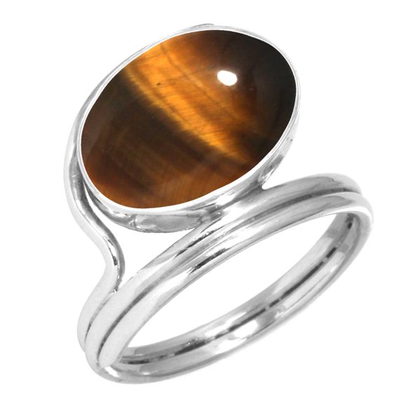 925 Sterling Silver Ring For Women - Men Brown Real Tiger Eye Gemstone Silver Ring Size 12.5 June Birthstone Costume Silver Ring Size 12.5 Easter Gift For Wife 925 Silver Gemstone Jewelry
