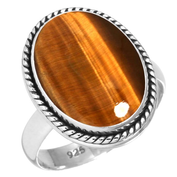 925 Sterling Silver Ring For Women - Men Brown Real Tiger Eye Gemstone Silver Ring Size 7.5 June Birthstone Boho Silver Ring Size 7.5 Halloween Gift For Wife 925 Silver Gemstone Jewelry