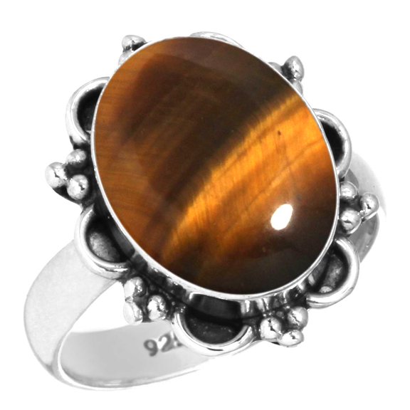 925 Sterling Silver Ring For Women - Teens Brown Natural Tiger Eye Gemstone Silver Ring Size 11 June Birthstone Elegant Silver Ring Size 11 Halloween Gift For Ladies 925 Silver Gemstone Jewelry