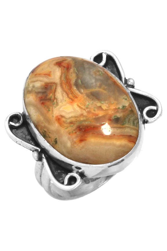 925 Sterling Silver Ring Yellow Crazy Lace Agate Women Jewelry