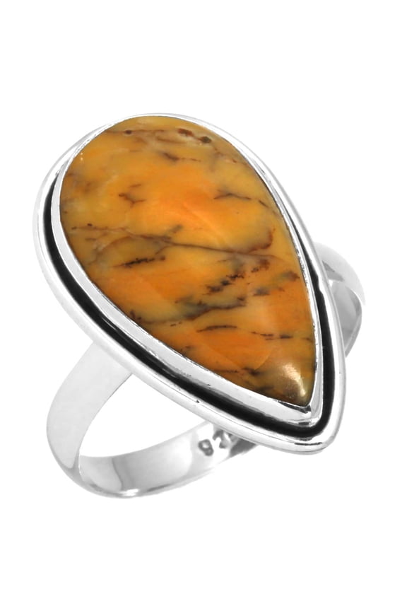 925 Sterling Silver Ring Yellow Dendritic Opal Women Jewelry