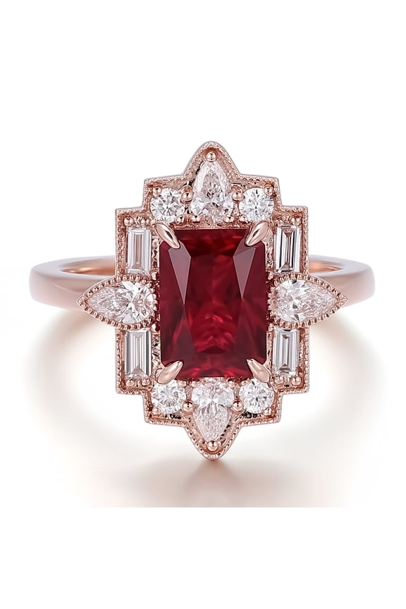 Sterling Silver Art Deco Ring for Women, Emerald Cut Red Ruby, Rose Gold Plated, CZ Halo - Divine_creation-6