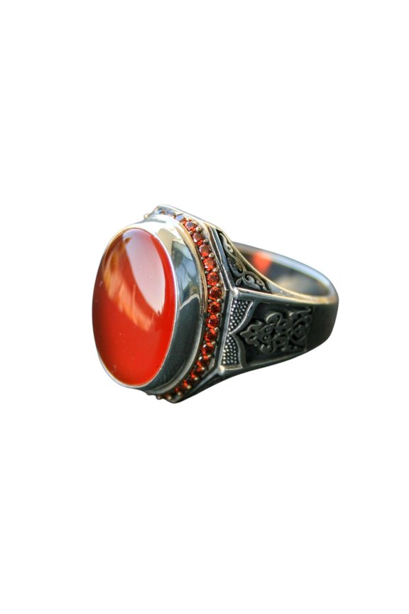 925 Sterling Silver Ring with Red Agate Stone – Handmade Natural Gem Design - (15)
