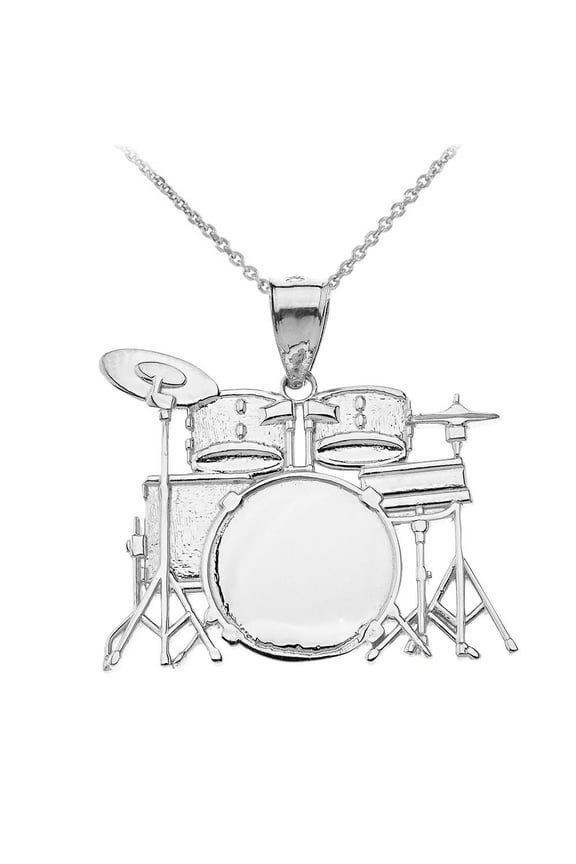 925 Sterling Silver Rock Band Drum Set Pendant Necklace (22 Inches)