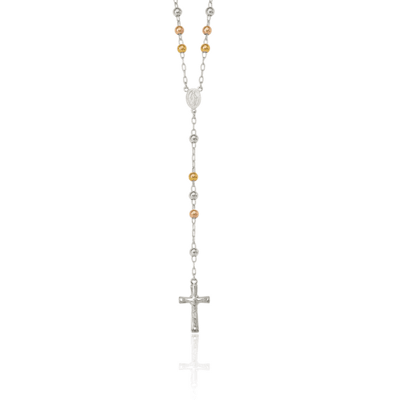 925 Sterling Silver Rosary Bead Tri Color Pink White Yellow Chain Necklace