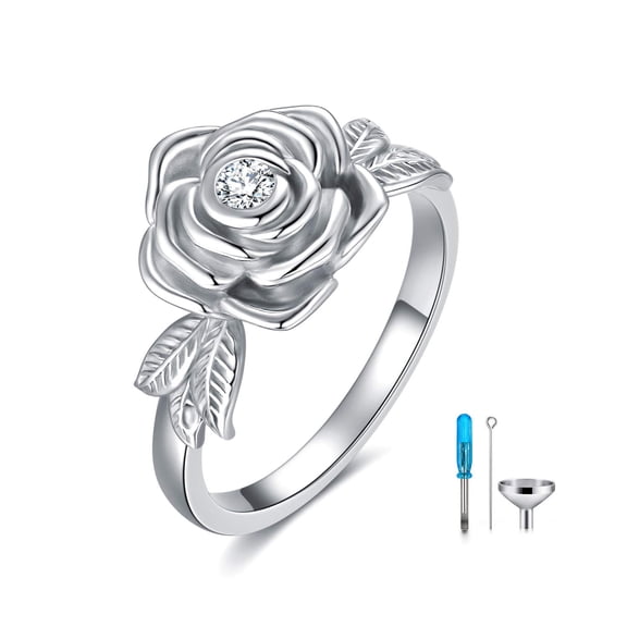 925 Sterling Silver Rose Flower Cremation Urn Ring Holds Loved Ones Ashes Cremation Keepsake Ring Jewelry with Austrian Crystal Memorial Jewelry Gift for Women Mom (6)