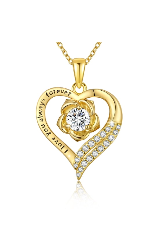 925 Sterling Silver Rose Flower Heart Necklace for Women I Love You Always Forever Inscription Jewelry Gifts for Birthday