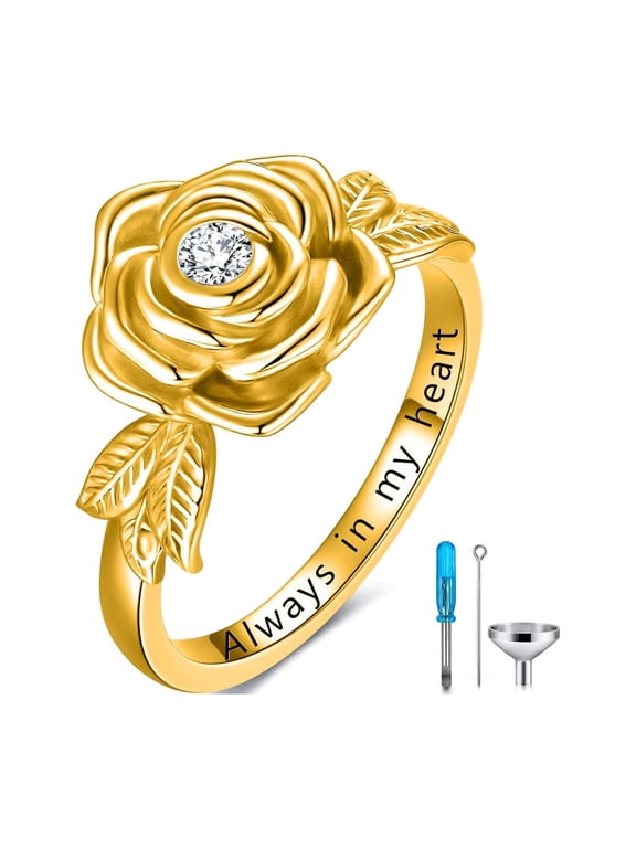 925 Sterling Silver Rose Flower Urn Ring Holds Loved Ones Ashes Cremation Keepsake Ring Jewelry Embellished with Crystals from Austria (Gold Plated, 6.5)