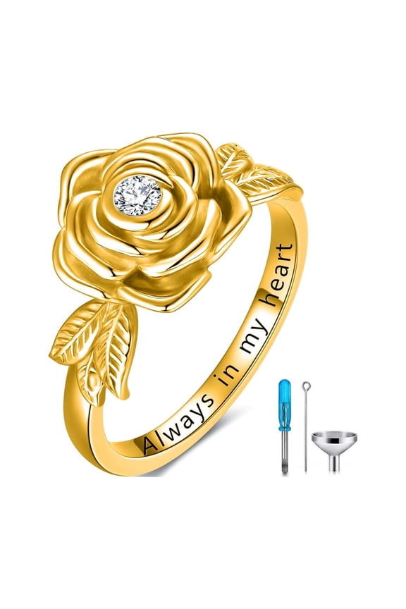 925 Sterling Silver Rose Flower Urn Ring Holds Loved Ones Ashes Cremation Keepsake Ring Jewelry Embellished with Crystals from Austria (Gold Plated, 6.5)