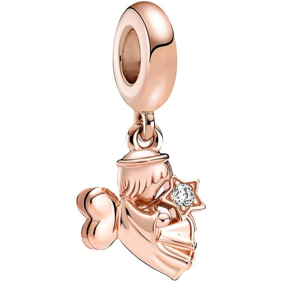 925 Sterling Silver Rose Gold Angel Holding Star Dangle Charm for Bracelet Charms Bangle Pendant Jewelry