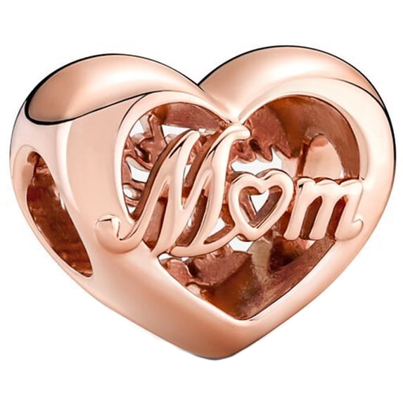 925 Sterling Silver Rose Gold Engraved "Mom" & "Thank You for Being There" Openwork Heart Bead for Bracelet Charms Bangle Pendant Jewelry
