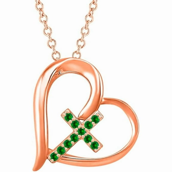 925 Sterling Silver Rose Gold-Plated Emerald Cross With Heart Pendant Necklace - Perfect Christmas Gift for Women