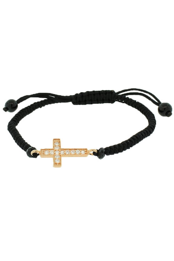 925 Sterling Silver Rose Gold-Tone Black Cord Religious Cross Adjustable Bracelet