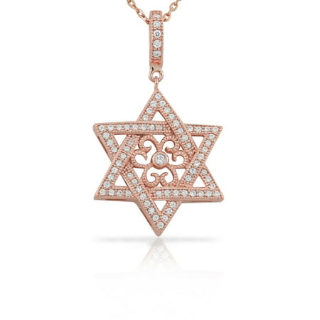 925 Sterling Silver Rose Gold-Tone Jewish Star of David CZ Filigree Pendant Necklace