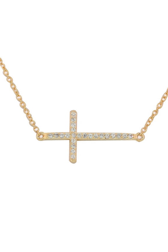 925 Sterling Silver Rose Gold-Tone Sideways Cross White CZ Pendant Necklace