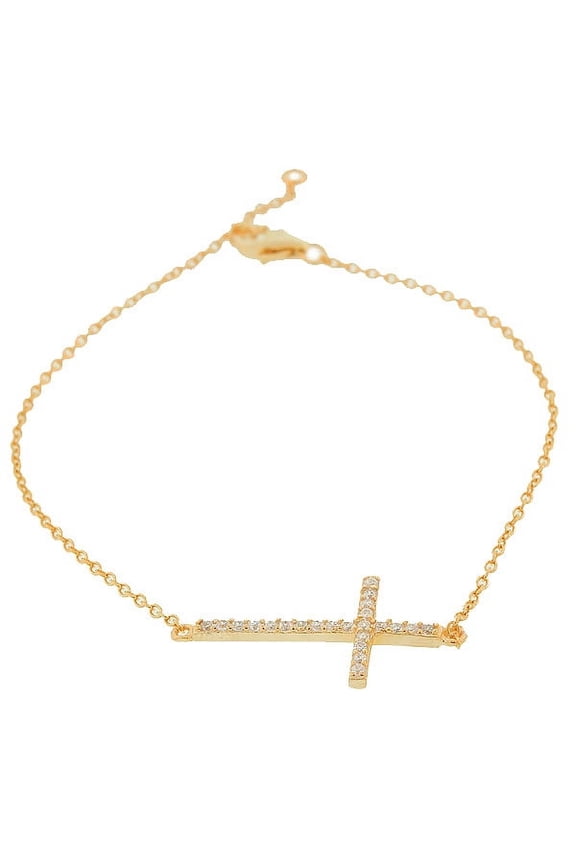 925 Sterling Silver Rose Gold-Tone White CZ Sideways Cross Link Chain Bracelet