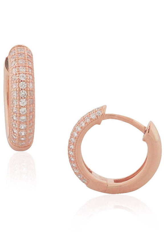 925 Sterling Silver Rose Gold-Tone White Clear CZ Hoop Huggie Earrings, 0.45"