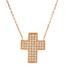 925 Sterling Silver Rose Gold-Tone Womens Religious Latin Cross White CZ Pendant Necklace