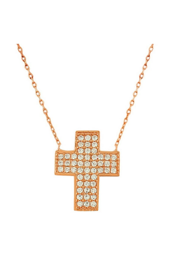 925 Sterling Silver Rose Gold-Tone Womens Religious Latin Cross White CZ Pendant Necklace
