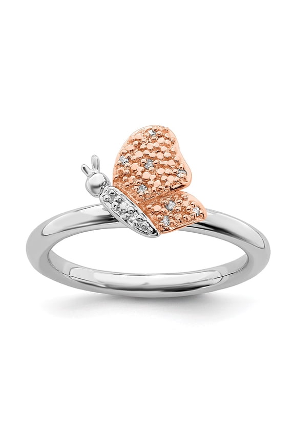 925 Sterling Silver/Rose Gold-plated Stackable Expressions Diam. Butterfly Ring Size: 6; for Adults and Teens; for Women and Men