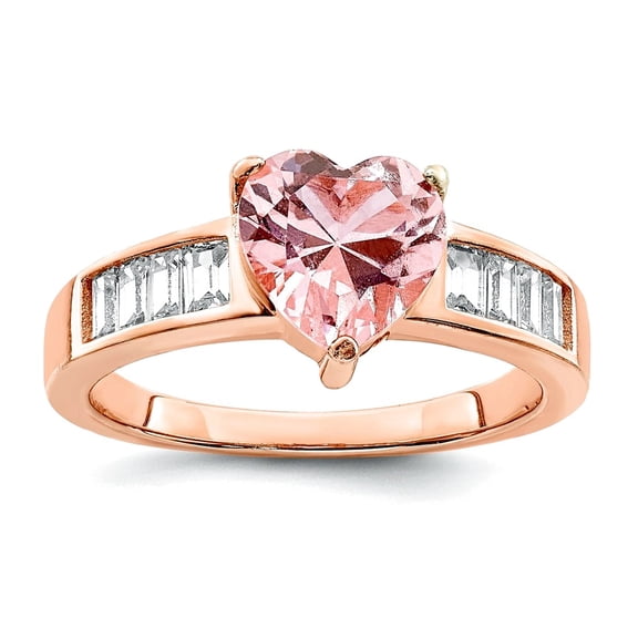 925 Sterling Silver Rose Plated Crystal Love Heart and White Cubic Zirconia Baguette Ring Size 8 2.03mm Wide Statement R