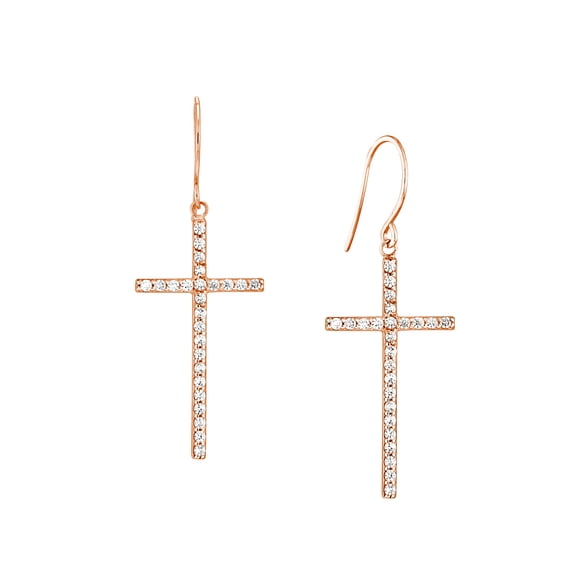 925 Sterling Silver Rose Plated Dangle Cubic Zirconia Religious Faith Cross Earrings With Euro Wire Dangle Earring for W