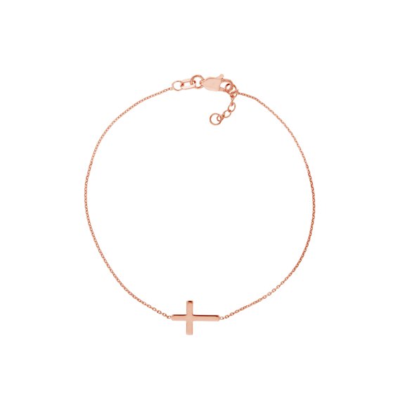 925 Sterling Silver Rose Plated Side-ways Adjustable Mini Religious Faith Cross Bracelet Sparkle-Cut Cable 7.50 Inch Lin