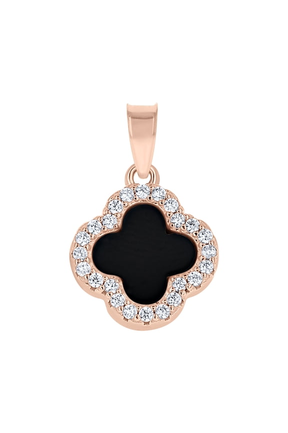 925 Sterling Silver Rose-Tone Womens Cubic-Zirconia Black Enameled Clover Good Luck Pendant