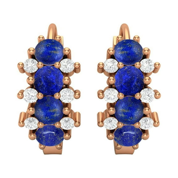 925 Sterling Silver Rose Vermeil 1.36 Ct Round Lapis Huggie Hoop Women's Wedding Earrings