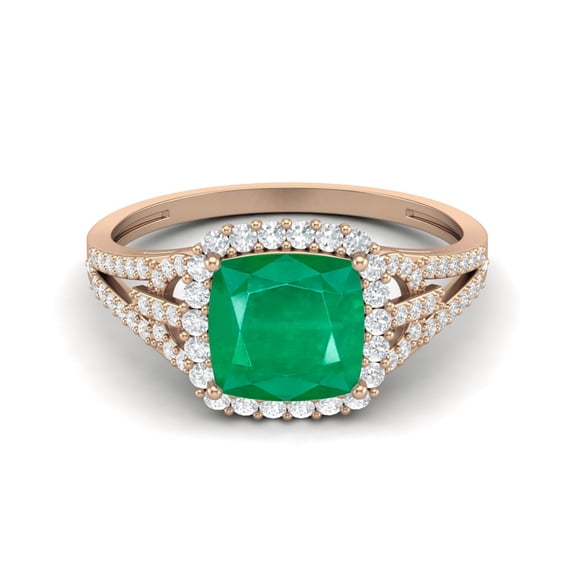 925 Sterling Silver Rose Vermeil 3.82 Cts Cushion Shape Emerald Solitaire with Accent Women Valentines Day Gifts Ring