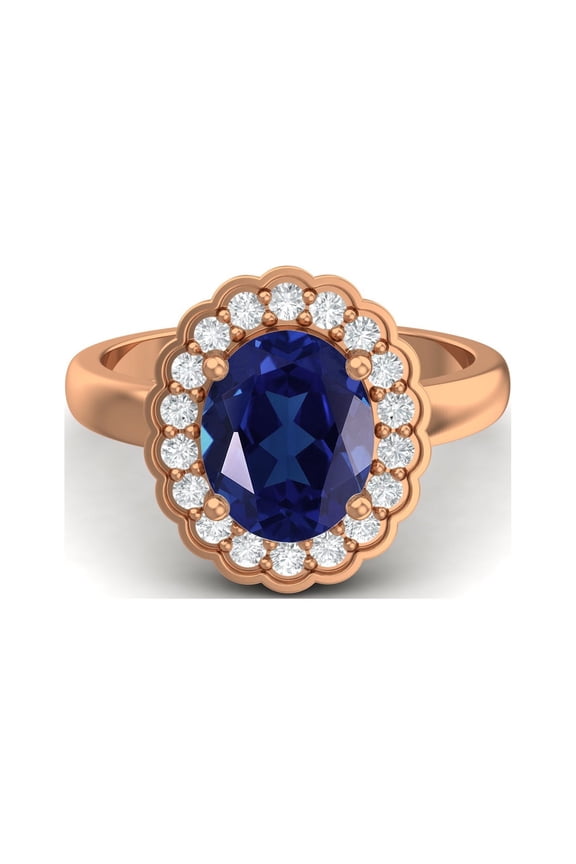 925 Sterling Silver Rose Vermeil 6mm Round Blue CZ Solitaire Women Valentines Day Gifts Ring