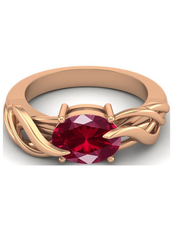 925 Sterling Silver Rose Vermeil 9X7MM Oval Shape Synthetic Ruby Solitaire Women Valentines Day Gifts Ring