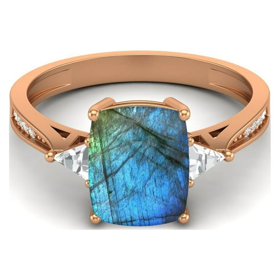 925 Sterling Silver Rose Vermeil 9X7mm Cushion Labradorite Solitaire Women Valentines Day Gifts Ring
