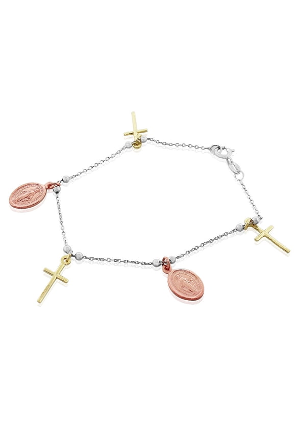 925 Sterling Silver Rose Yellow Gold-Tone Religious Latin Cross Virgin Mary Christian Chain Bracelet