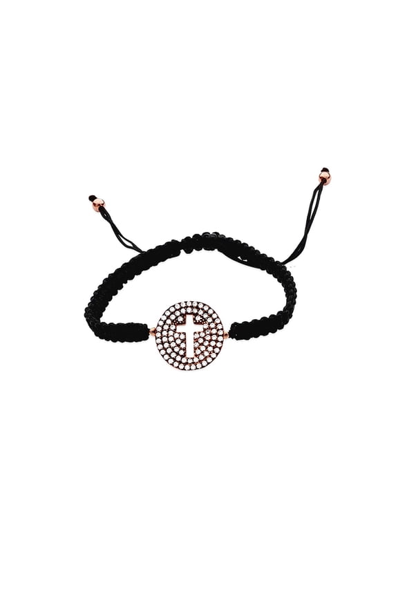 925 Sterling Silver Rose and Black Medium Cubic Zirconia Disk With Cut Out Religious Faith Cross Element Bracelet Link B