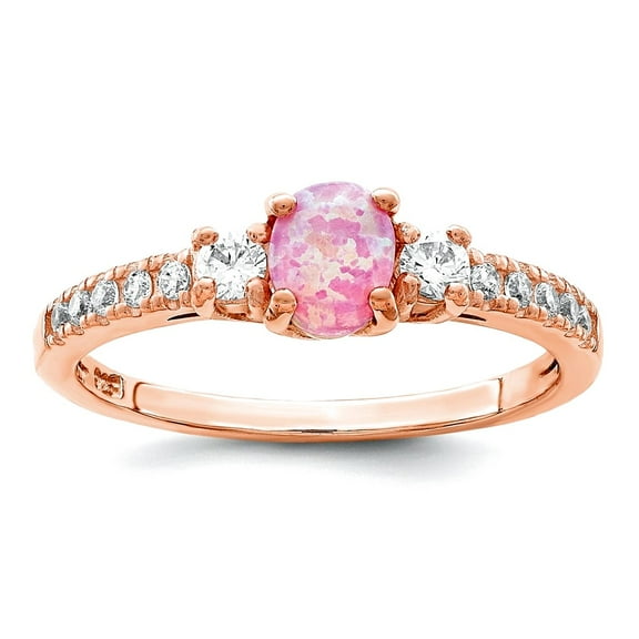 925 Sterling Silver Rose-tone Created Pink Opal and Cubic Zirconia Ring Size 7 1.72mm Wide Ring for Women