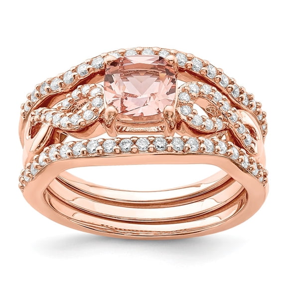 925 Sterling Silver Rose-tone Pink Crystal & Cubic Zirconia ( CZ ) 3 Piece Ring Set
