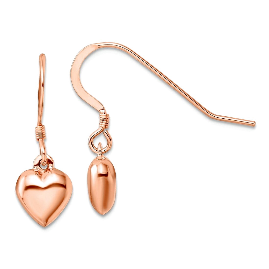 925 Sterling Silver Rose-tone Puffed Love Heart Dangle Shepherd Hook Earrings 25x8.2mm Wide Dangle Earring for Women