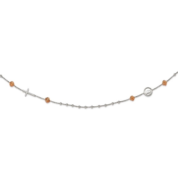 925 Sterling Silver Rose-tone Roses With Religious Faith Cross With 1inch .ext Necklace 18 Inch 0.27mm Wide Pendant Neck