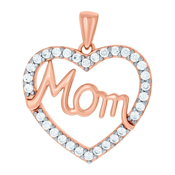 925 Sterling Silver Rose tone Womens Cubic Zirconia Love Heart Mom Charm Pendant Necklace 23.8x20.1mm Wide Pendant for W