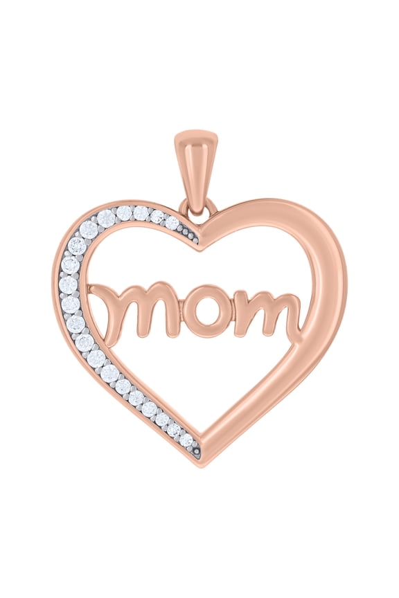 925 Sterling Silver Rose-tone Womens Cubic-Zirconia Heart Mom Charm Pendant